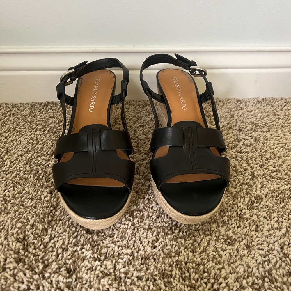 Franco Sarto Black Sandals with Cork Footbed and Buckle Closures